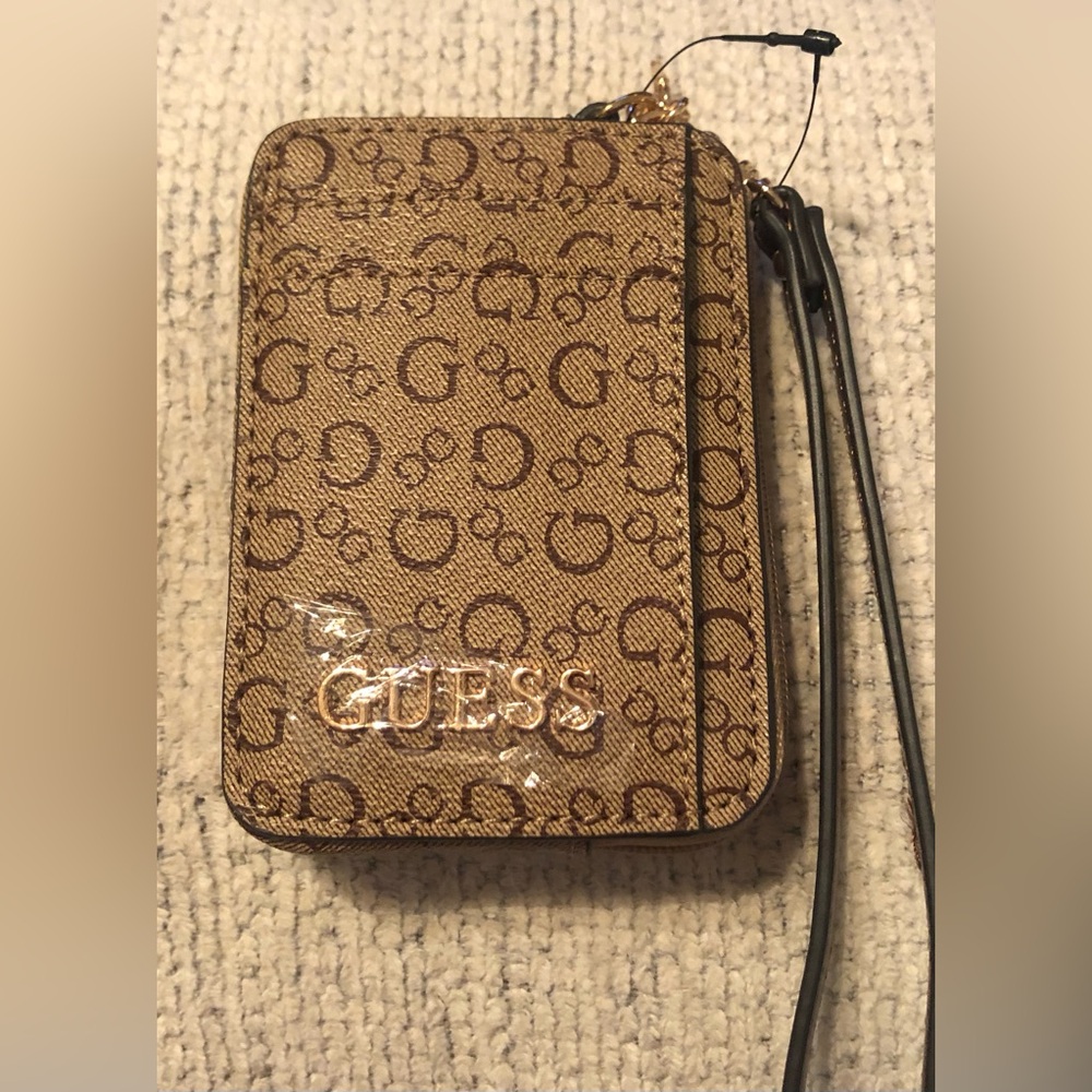 GUESS Tan & Brown Logo Wristlet Card Holder with ID Window